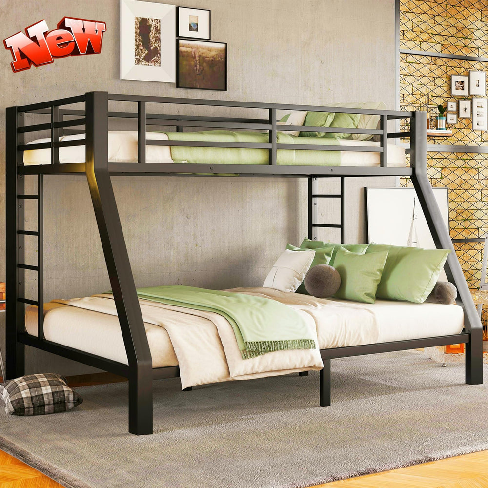Heavy Duty Metal Bunk Bed with Guardrails & Ladder