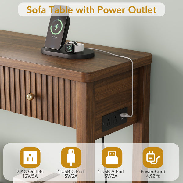 47-Inch Console Table with Charging Station, 3 Drawers & Open Shelf