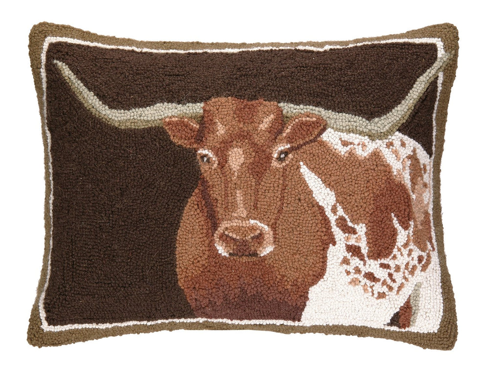 Longhorn Hand-Hooked Wool Throw Pillow 16x22 Inch
