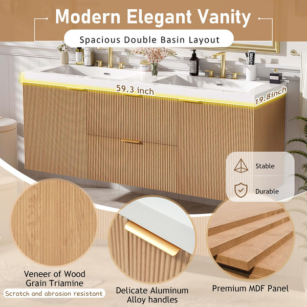 Floating Double Sink Bathroom Vanity with SMC Resin Top & Wood Cabinet