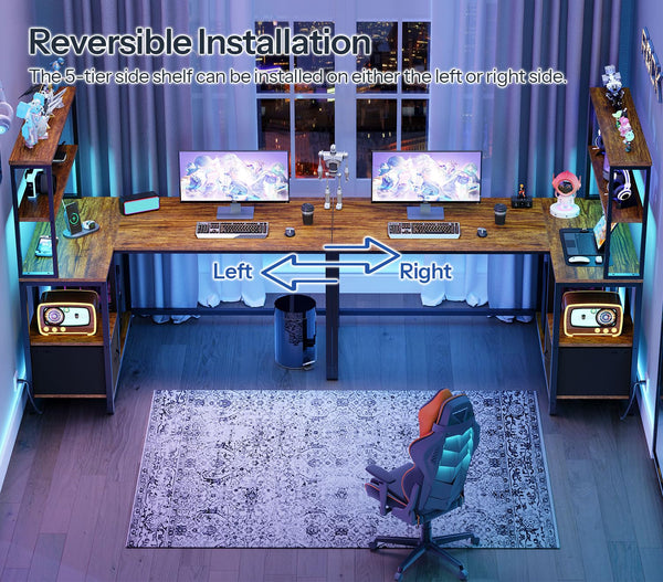 L-Shaped Gaming Desk with LED Light, Power Outlet & Storage Shelves, 46"