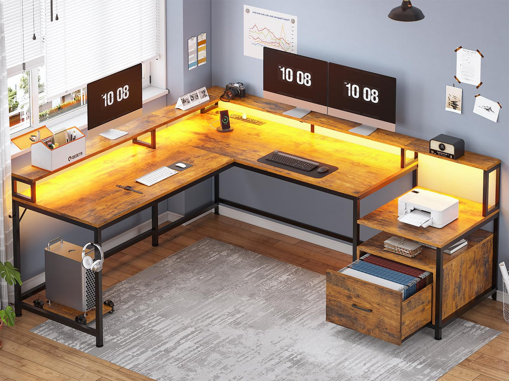 L-Shaped Corner Office Desk 66 Inch with File Drawer, LED Lights & Monitor Shelf