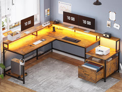 L-Shaped Corner Office Desk 66 Inch with File Drawer, LED Lights & Monitor Shelf