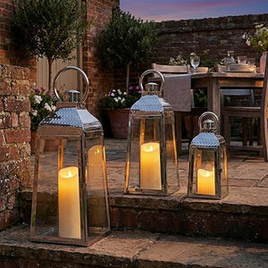 Silver Candle Lanterns Set of 3 – Stainless Steel & Tempered Glass