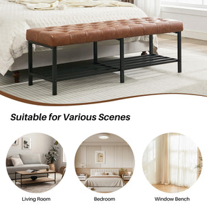 Tufted Faux Leather Storage Bench with Metal Frame