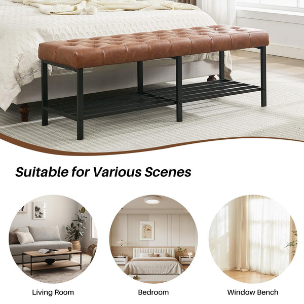 Tufted Faux Leather Storage Bench with Metal Frame
