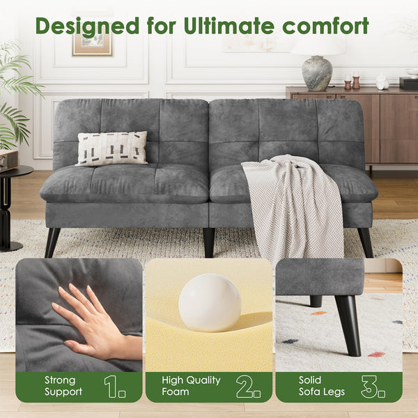 Velvet Futon Sofa Bed – Convertible Loveseat with Adjustable Backrest, Grey