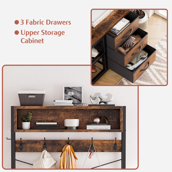6-in-1 Hall Tree with Bench, 12 Hooks, 3 Drawers & Shoe Storage – 31.5"L x 11.8"W x 20.5"H
