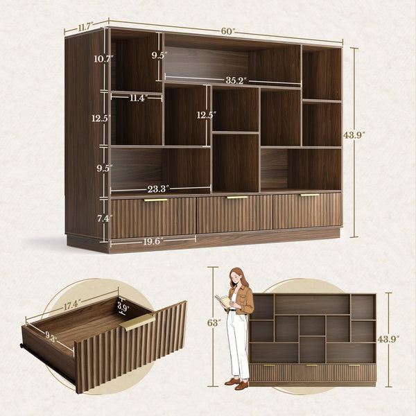 4-Tier Fluted Bookshelf with Drawers & Storage