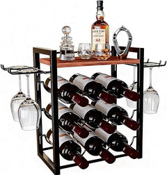 Countertop Wine Rack with Glass Holder and Wooden Tray