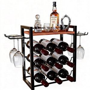 Countertop Wine Rack with Glass Holder and Wooden Tray