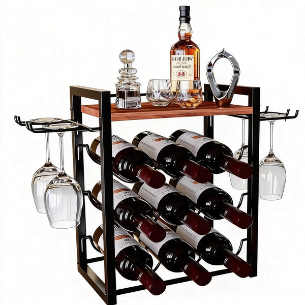 Countertop Wine Rack with Glass Holder and Wooden Tray