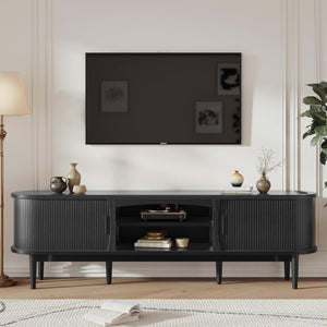 Mid-Century TV Stand with Power Outlets & Fluted Sliding Doors