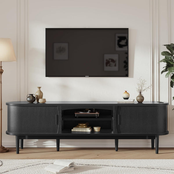 Mid-Century TV Stand with Power Outlets & Fluted Sliding Doors