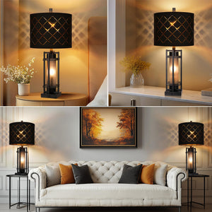 Modern Table Lamp Set of 2 with USB Charging & Black Grid Shade