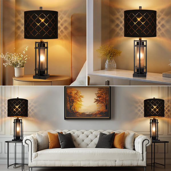 Modern Table Lamp Set of 2 with USB Charging & Black Grid Shade