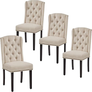 Button-Tufted Upholstered Dining Chairs with Solid Wood Legs – Beige