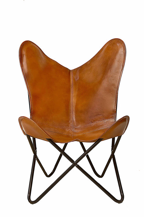 Genuine Leather Butterfly Chair with Folding Iron Frame