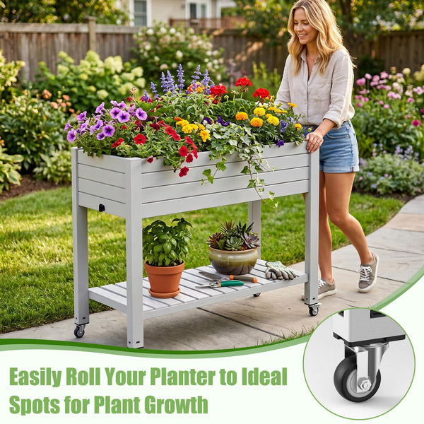 Raised Garden Bed with Wheels, Storage Shelf & Water Level Monitor