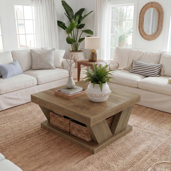 2-Tier Farmhouse Coffee Table with Storage Shelf