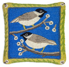 Hand-Hooked Wool Throw Pillow – Chickadees in the Bush, 18x18 in