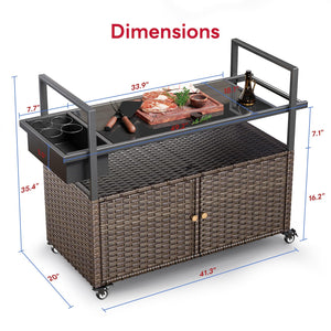 Outdoor Wicker Bar Cart with Storage Cabinet & Tempered Glass Top