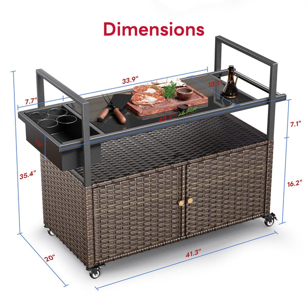 Outdoor Wicker Bar Cart with Storage Cabinet & Tempered Glass Top