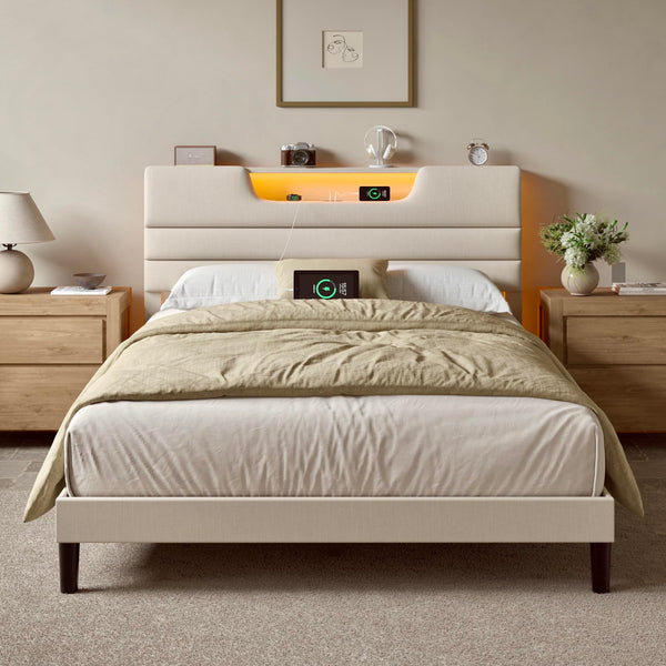 Queen Platform Bed with LED Lights & Charging Station