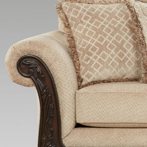 3-Seat Chenille Sofa with Carved Wood Frame