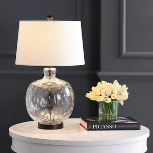 Clear Glass and Black Metal LED Table Lamp with White Linen Shade