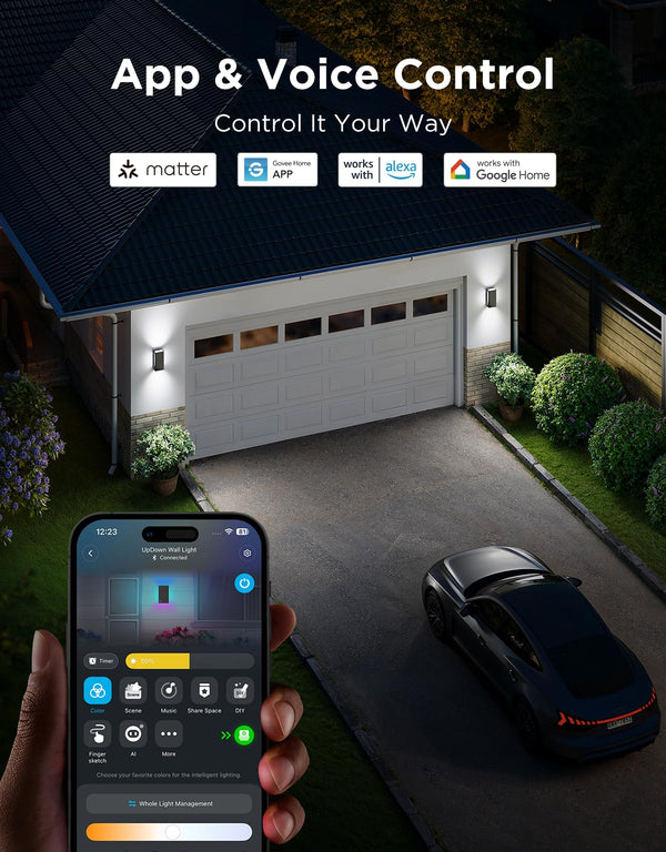 Outdoor Smart Wall Light RGBICWW Up Down Porch Sconce IP66 Waterproof