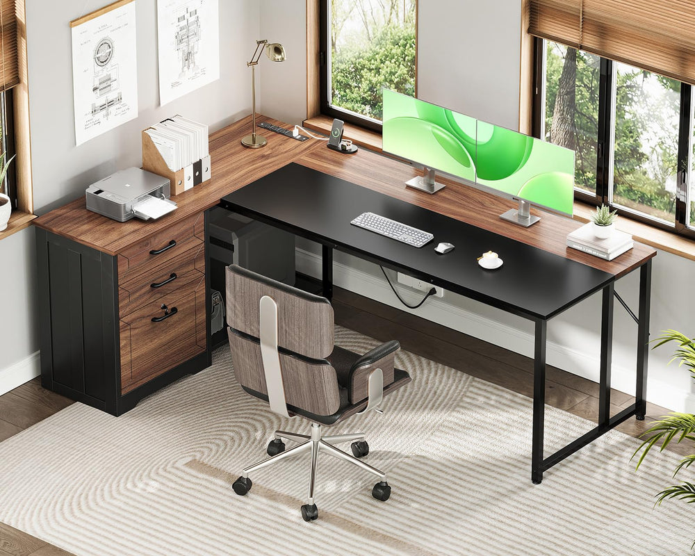 61" L-Shaped Office Desk with Drawers, File Cabinet & Power Outlets