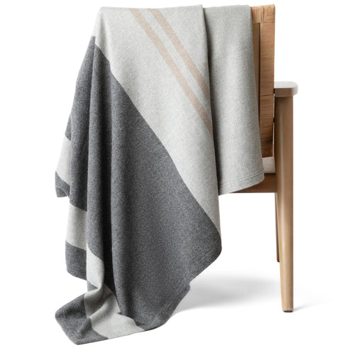 100% Pure Cashmere Throw Blanket – Woven, Large 73"x53", Gray & Beige Stripe