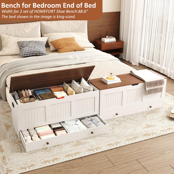 Lift-Top Storage Bench with 2 Drawers – White & Brown