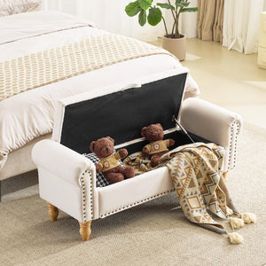 Upholstered Storage Bench with Rolled Arms & Nailhead Trim
