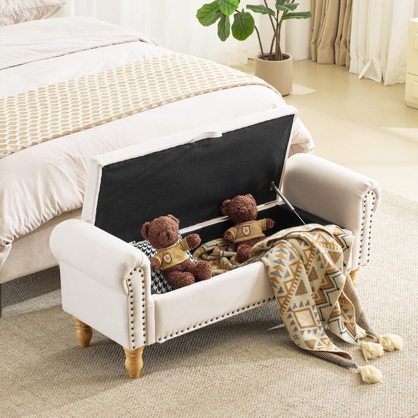 Upholstered Storage Bench with Rolled Arms & Nailhead Trim