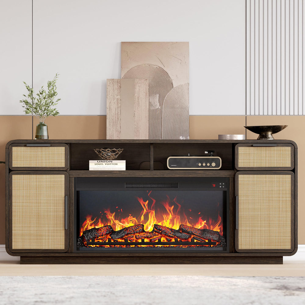 68" Fireplace TV Stand with Rattan Storage Cabinet