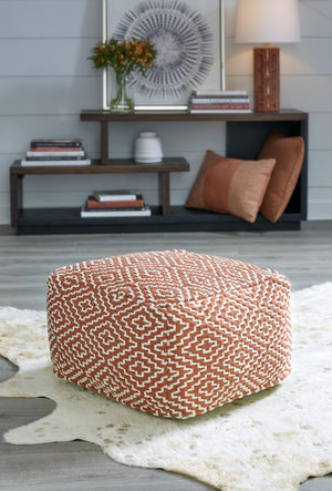 Handwoven Geometric Pouf Ottoman – Orange & White