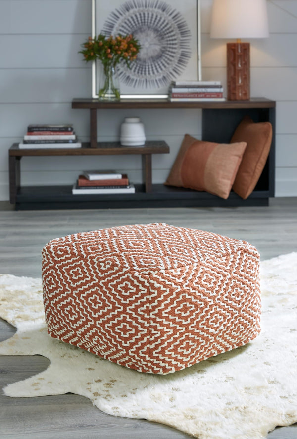 Handwoven Geometric Pouf Ottoman – Orange & White