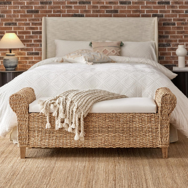 Rattan Storage Bench with Rolled Armrests