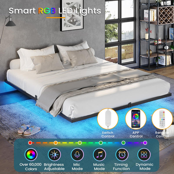 Floating Bed Frame with LED Lights – Metal Platform, Multiple Sizes