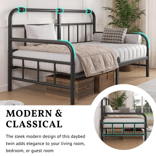 Bednowitz 12 Inch Twin Metal Daybed Frame with Headboard, Sofa Bed for Living Room, Heavy Duty Twin Size Day Bed for Bedroom Guest Room, Easy Assembly, Black