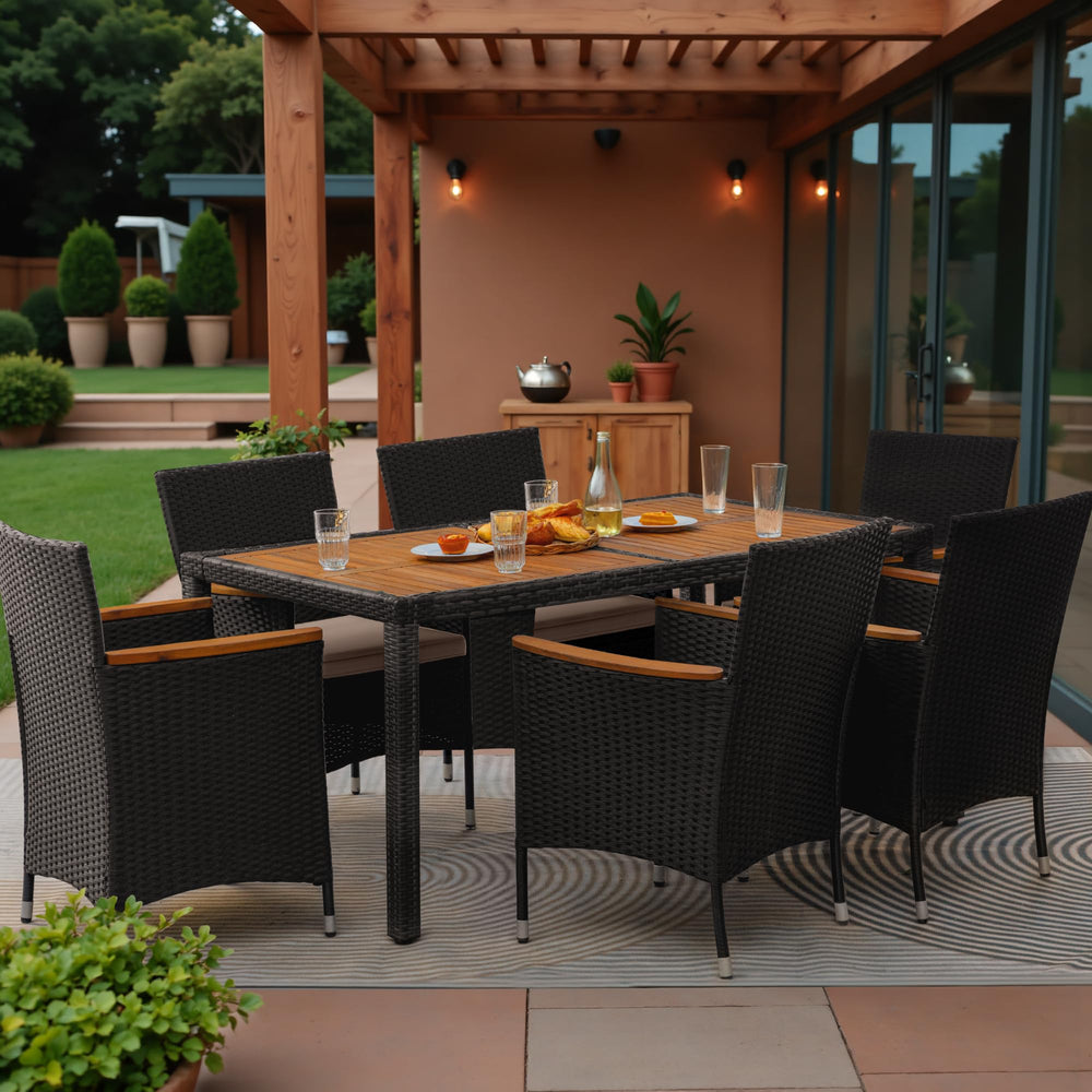 7-Piece Outdoor Patio Dining Set with Rattan Chairs & Acacia Wood Table