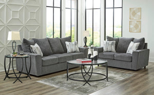 Gray Loveseat with Flared Arms & Accent Pillows