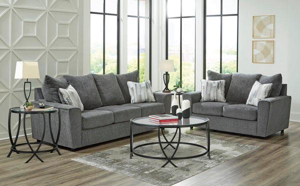 Gray Loveseat with Flared Arms & Accent Pillows