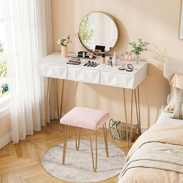 Small Vanity Desk Set with Round Mirror & LED Lights
