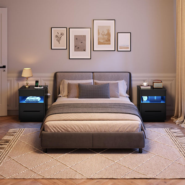 Nightstand with Charging Station, LED Light, Lockable Compartment & Drawers