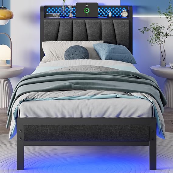 Metal Platform Bed Frame with LED Headboard & Charging Station