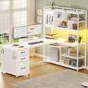 L-Shaped Computer Desk with Bookshelf, Drawers & LED Light