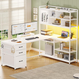 L-Shaped Computer Desk with Bookshelf, Drawers & LED Light